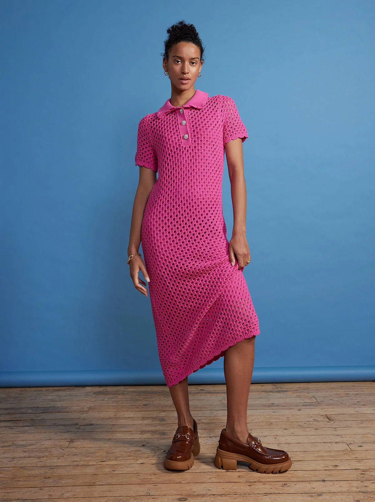 Lillia Pink Crochet Polo Dress sold by KITRI Studio