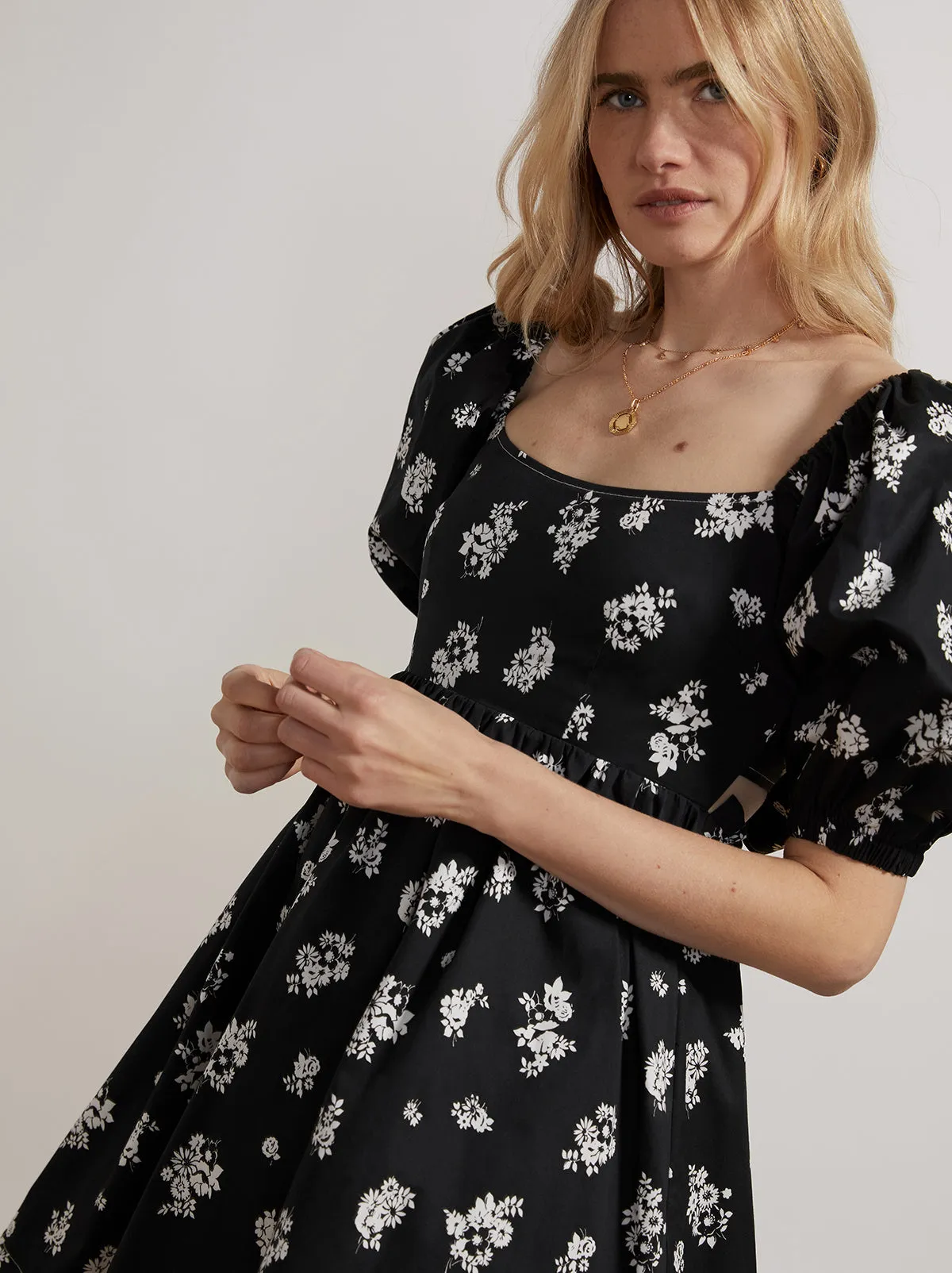 Olga Tie Back Black Mono Floral Mini Dress sold by KITRI Studio product image thumbnail 2