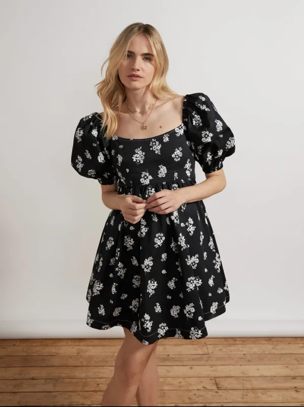 Olga Tie Back Black Mono Floral Mini Dress sold by KITRI Studio