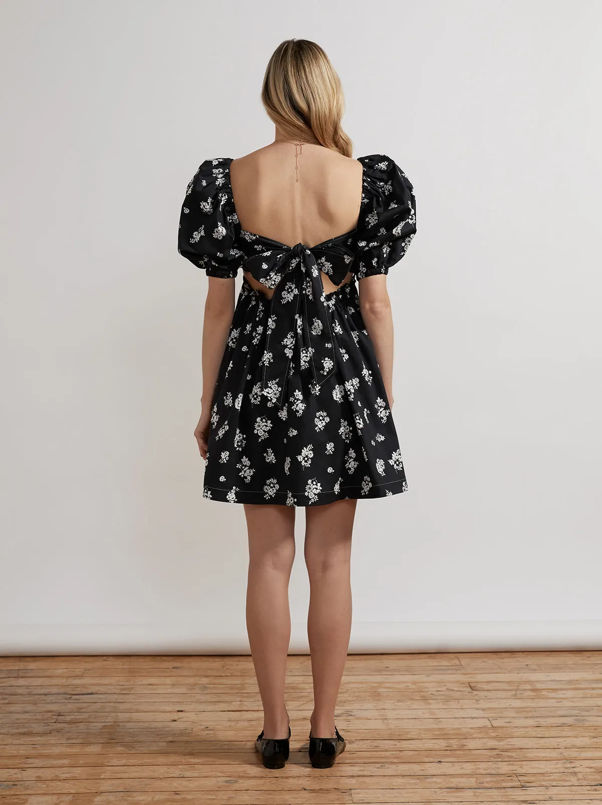 Olga Tie Back Black Mono Floral Mini Dress sold by KITRI Studio product image thumbnail 4