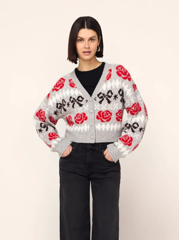 Joanne Grey Bow Fairisle Knit Cardigan sold by KITRI Studio