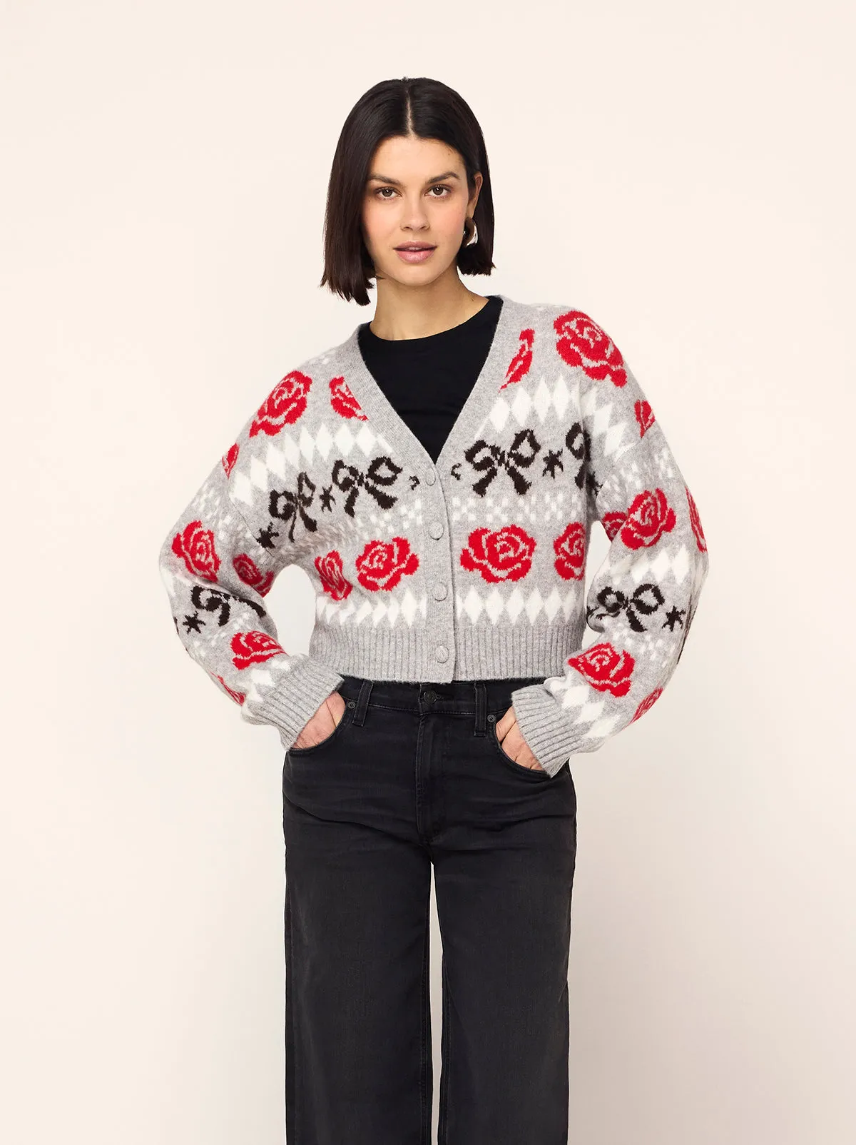 Joanne Grey Bow Fairisle Knit Cardigan sold by KITRI Studio