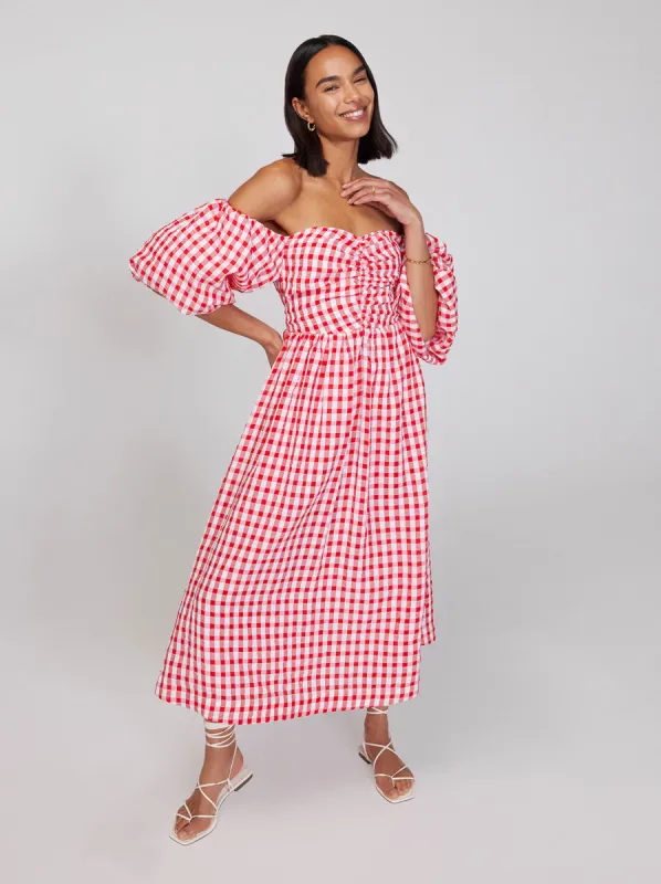 Alexis Red Gingham Bardot Midi Dress sold by KITRI Studio