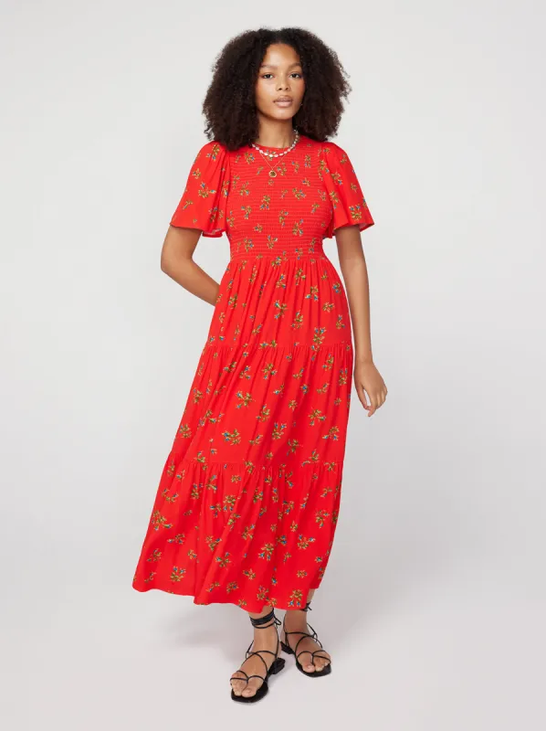 Bridget Red Rosebud Shirred Maxi Dress sold by KITRI Studio