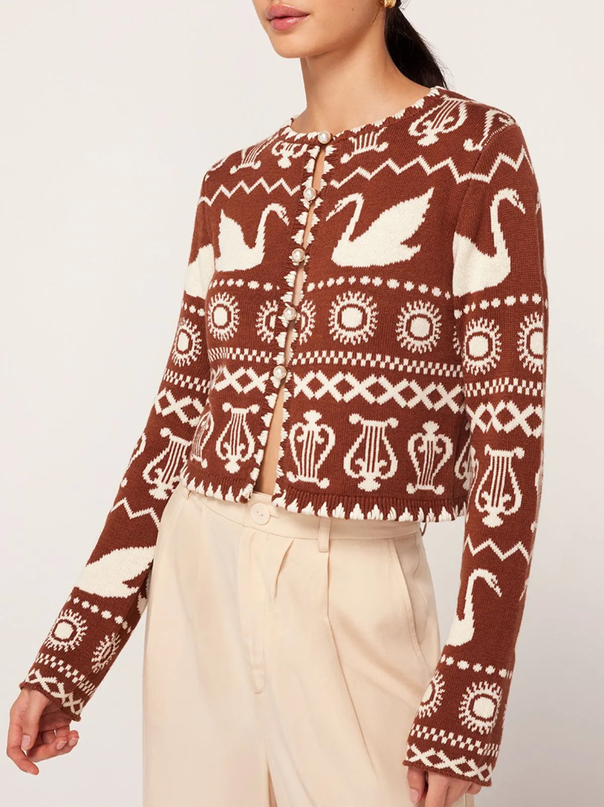 Carmel Brown Swan Fairisle Knit Cardigan sold by KITRI Studio product image thumbnail 3