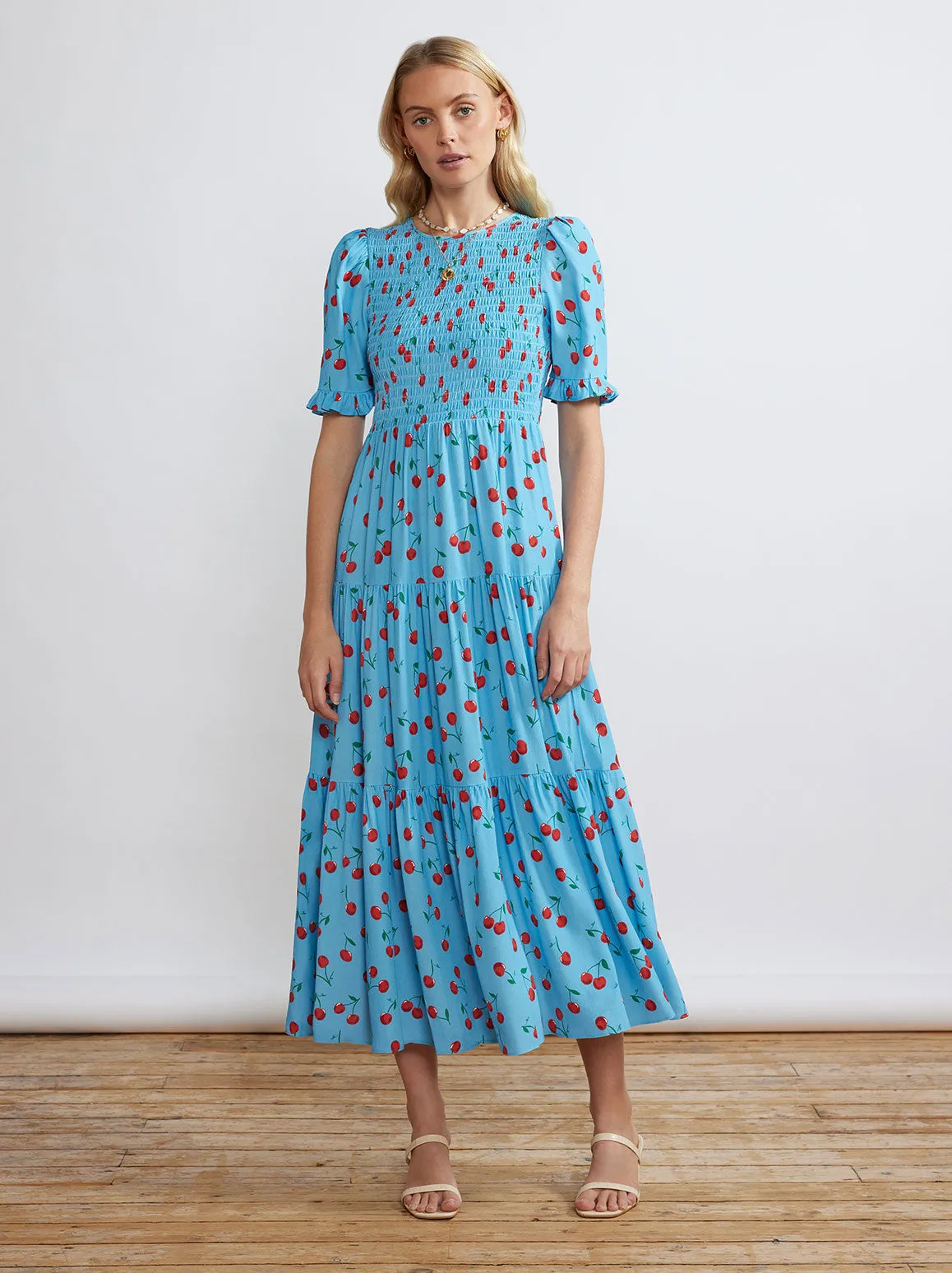 Gracie Blue Cherry Shirred Dress sold by KITRI Studio