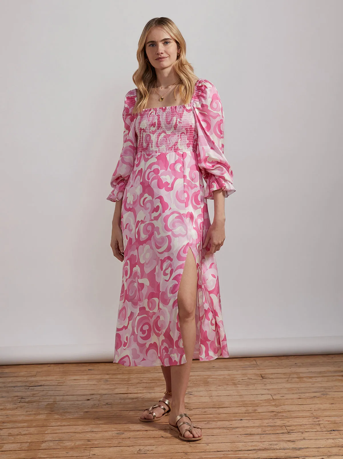 Jolene Pink Floral Swirl Midi Dress sold by KITRI Studio