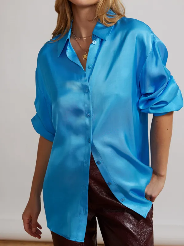 Angela Blue Satin Shirt made by KITRI Studio