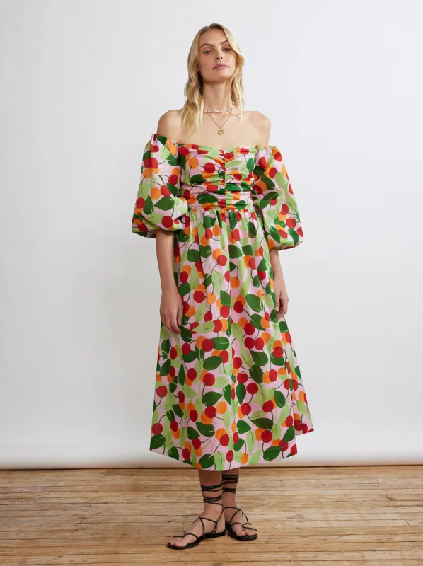 Alexis Multi Cherry Bardot Midi Dress sold by KITRI Studio