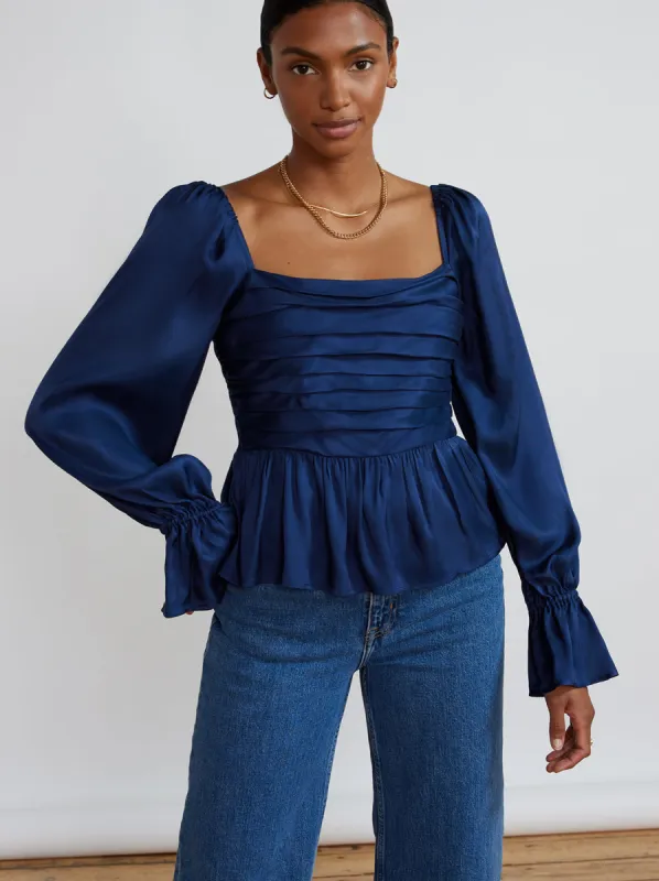 Sonya Navy Pleated Satin Top sold by KITRI Studio