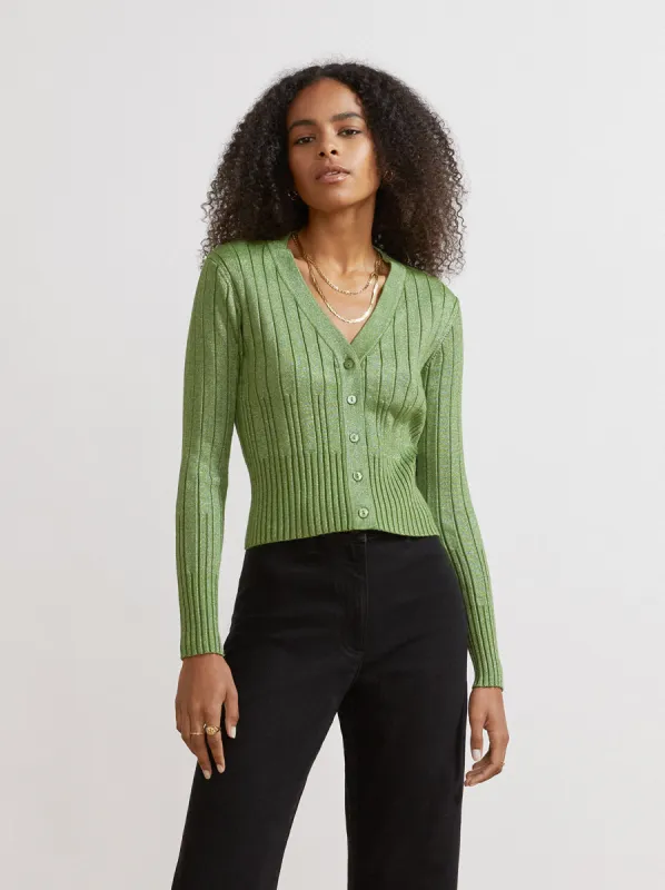 Maryam Green Lurex V-Neck Knit Cardigan sold by KITRI Studio