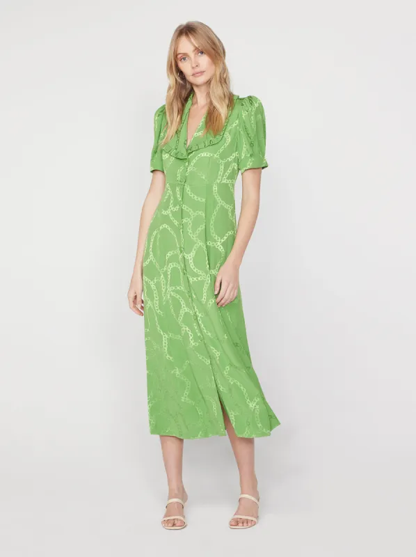 Bethany Green Chain Jacquard Tea Dress sold by KITRI Studio