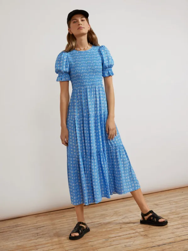 Persephone Shirred Blue Ditsy Floral Dress sold by KITRI Studio