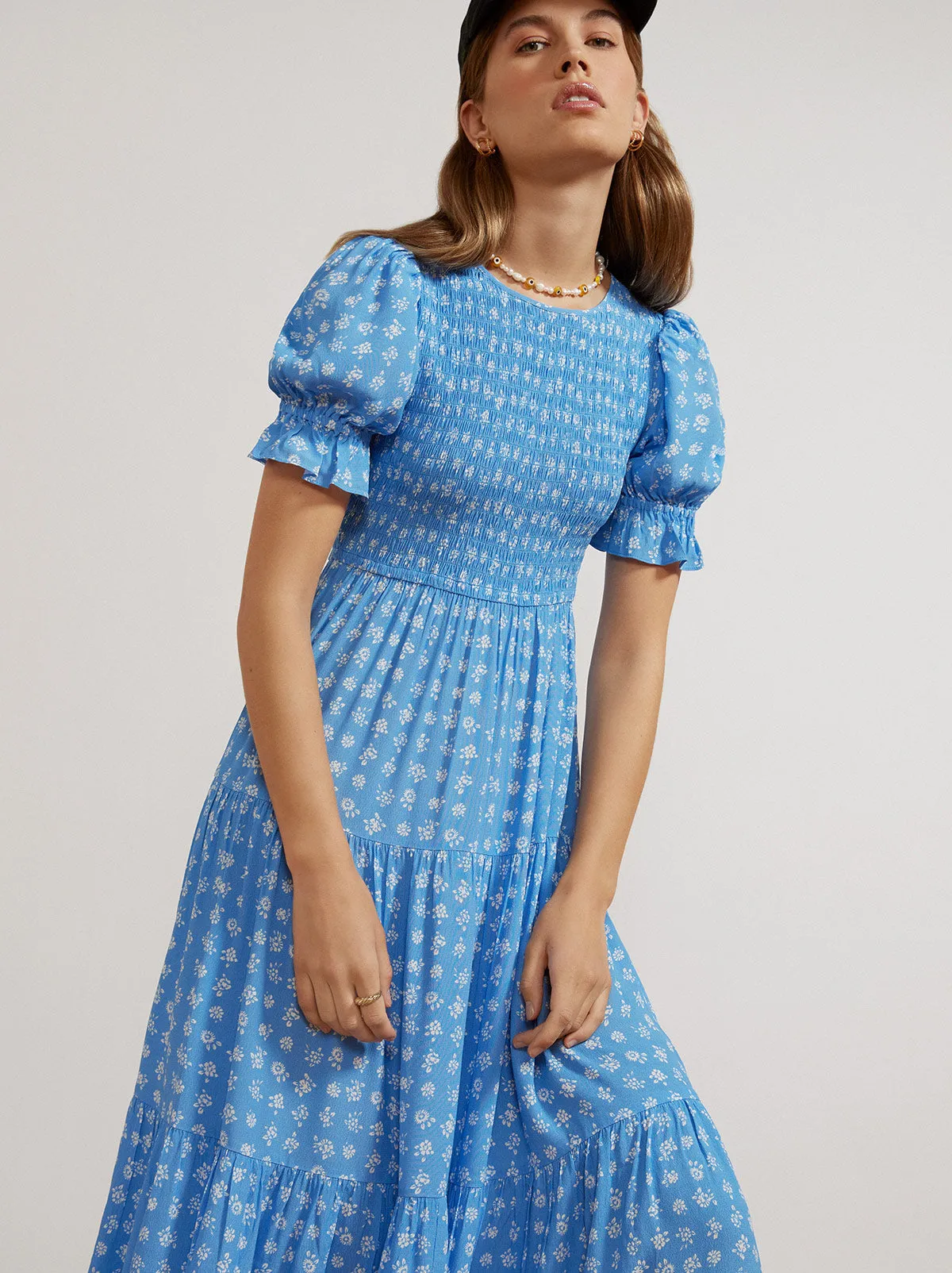 Persephone Shirred Blue Ditsy Floral Dress sold by KITRI Studio product image thumbnail 3
