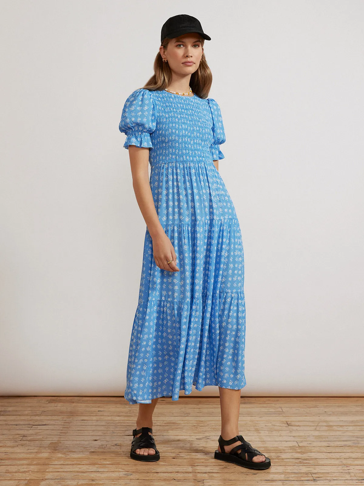 Persephone Shirred Blue Ditsy Floral Dress sold by KITRI Studio product image thumbnail 2