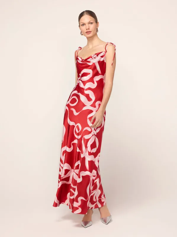 Cindy Red Ribbon Print Maxi Dress sold by KITRI Studio