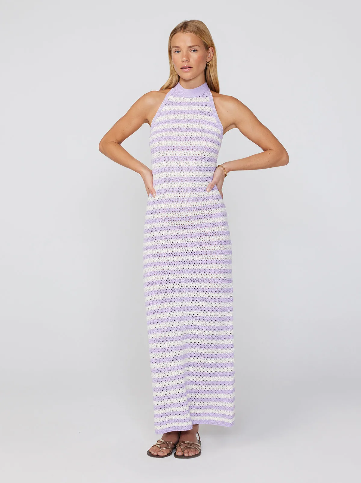 Atlanta Lilac Stripe Crochet Knit Halter Dress sold by KITRI Studio