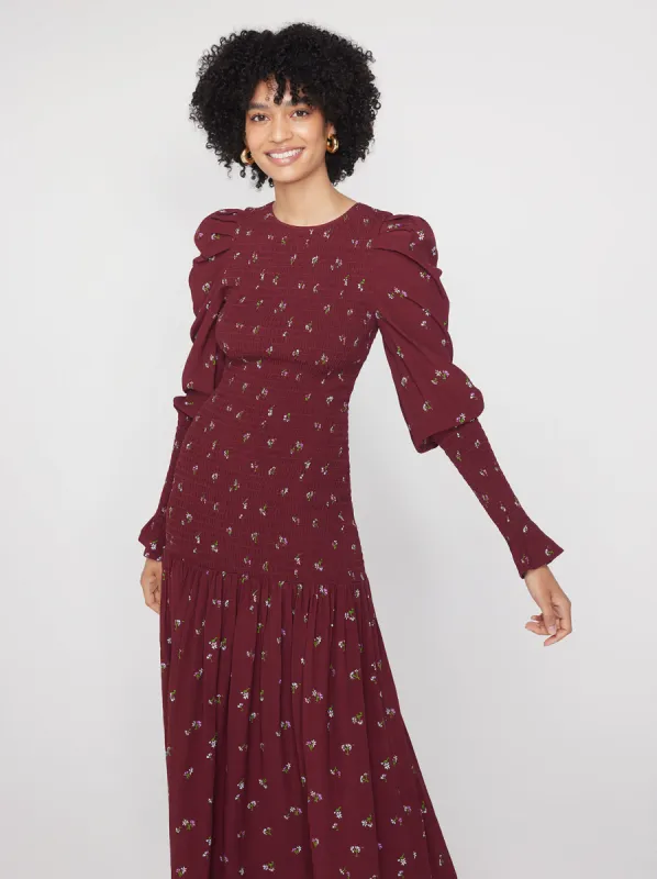 Wren Berry Ditsy Floral Shirred Midi Dress sold by KITRI Studio