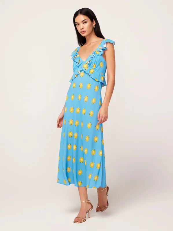 Rosemary Blue Sunflower Print Midi Dress made by KITRI Studio
