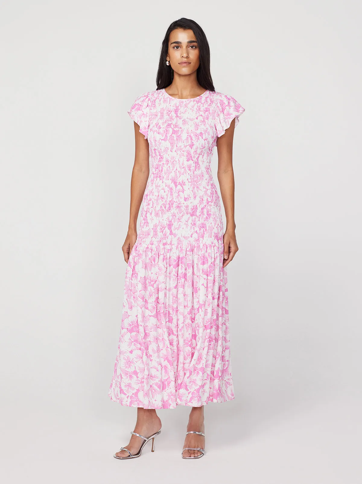 Jemima Pink Pansy Print Shirred Maxi Dress sold by KITRI Studio