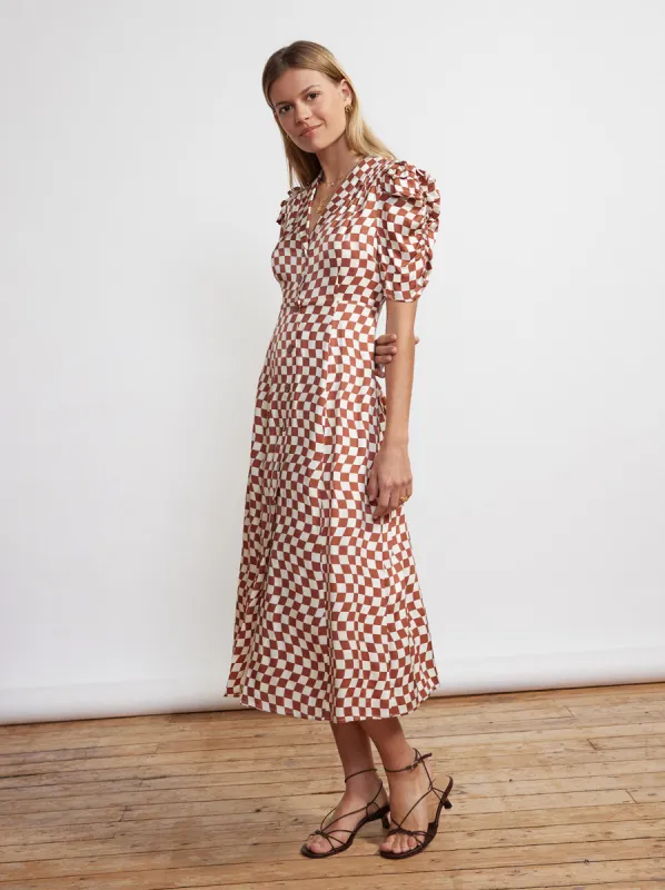 Maguire Brown Wavy Checker Midi Dress sold by KITRI Studio