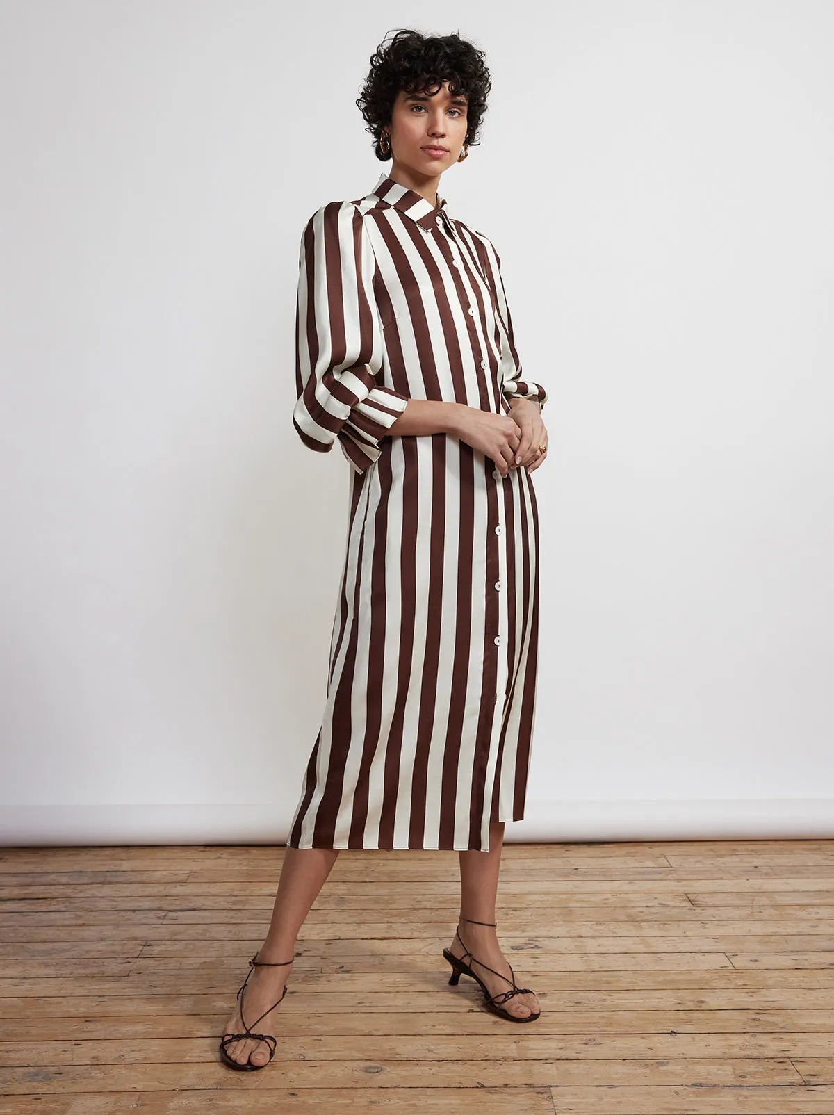Raquel Chocolate Striped Satin Shirt Dress sold by KITRI Studio
