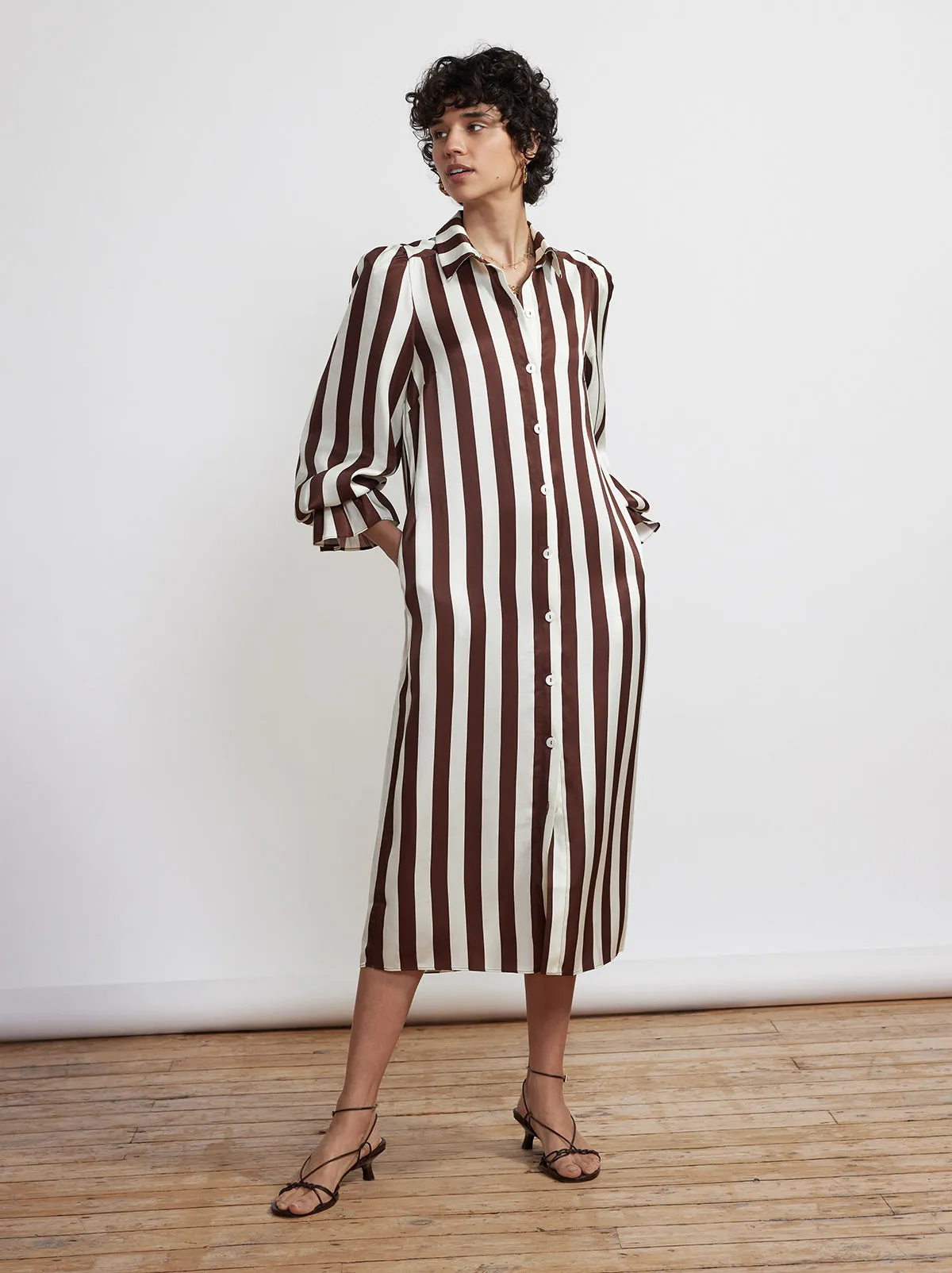 Raquel Chocolate Striped Satin Shirt Dress sold by KITRI Studio product image thumbnail 3