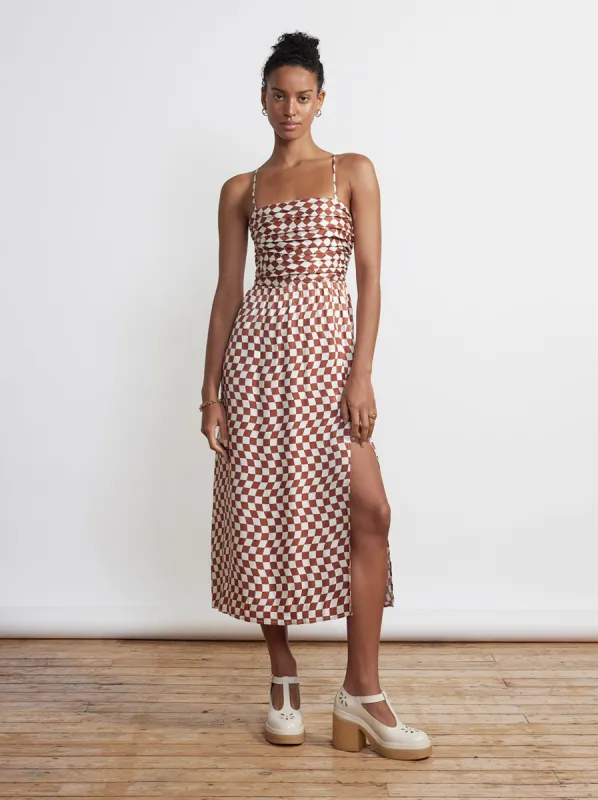 Genevieve Brown Wavy Checker Midi Dress sold by KITRI Studio