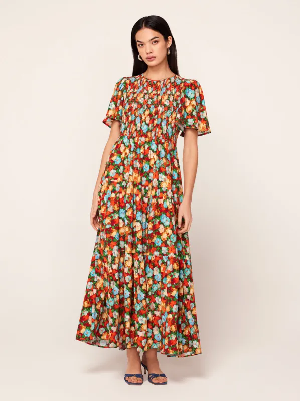 Bridget Blue Impressionist Floral Print Shirred Dress sold by KITRI Studio