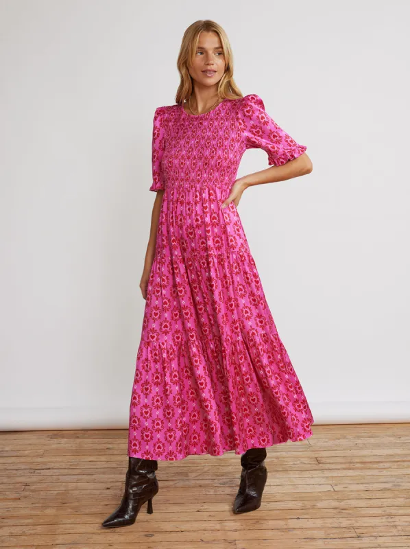 Gracie Pink Heart Print Shirred Dress sold by KITRI Studio
