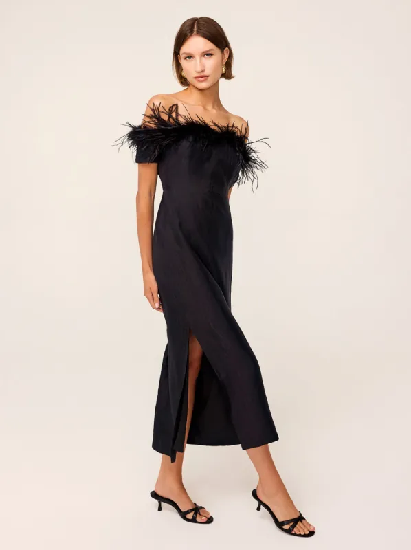 Vivien Black Feather Midi Dress sold by KITRI Studio