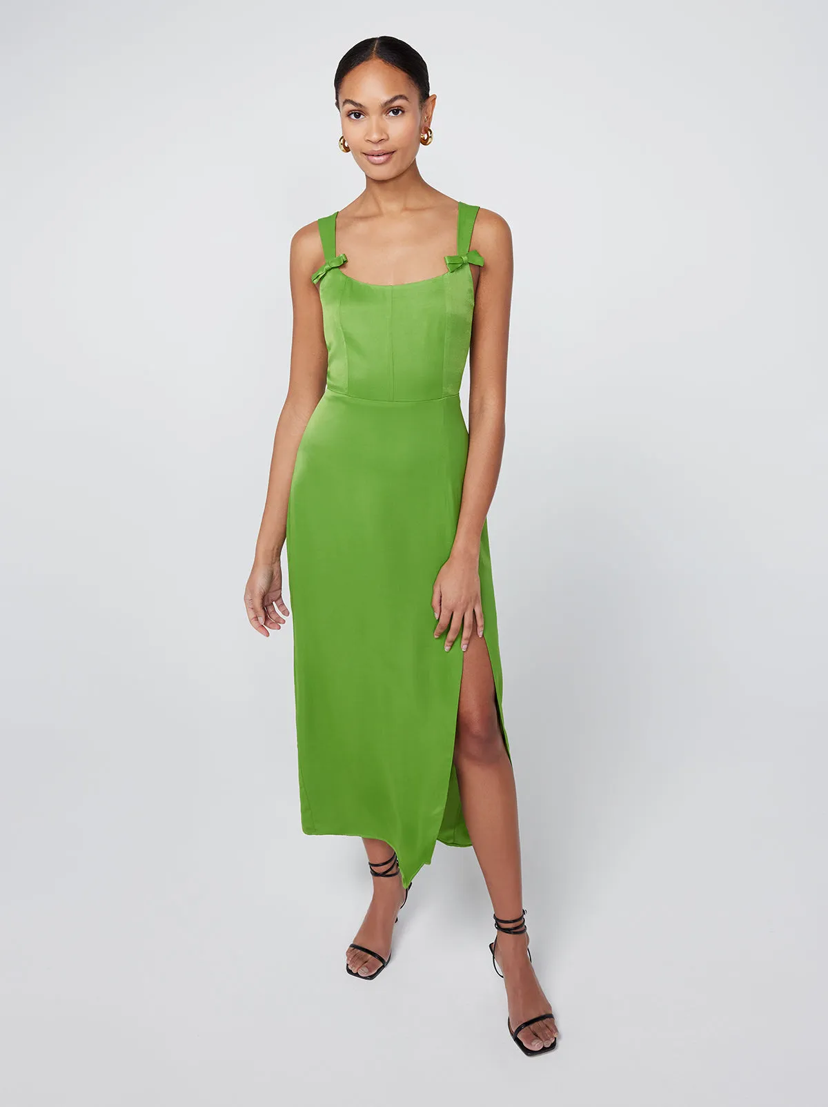 Rosalind Kiwi Green Satin Midi Dress sold by KITRI Studio