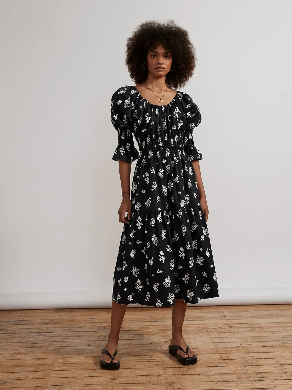 Margot Black Mono Floral Midi Dress sold by KITRI Studio