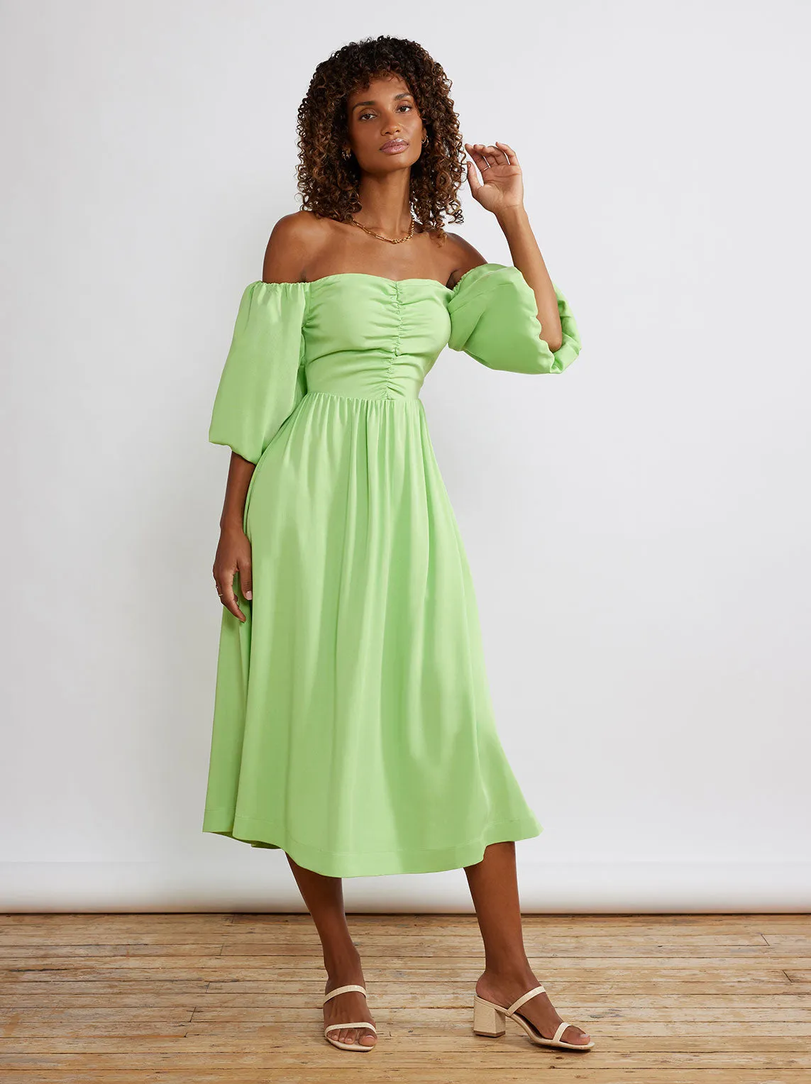 Alexis Green Bardot Midi Dress sold by KITRI Studio