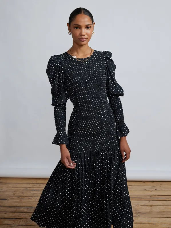 Wren Black Polka Dot Shirred Midi Dress sold by KITRI Studio