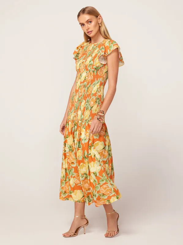 Jemima Apricot Painted Floral Print Shirred Maxi Dress sold by KITRI Studio