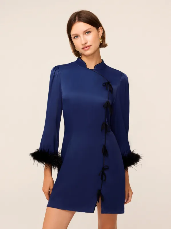 Naomi Navy Satin Feather Mini Dress made by KITRI Studio