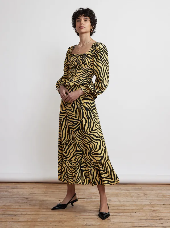 Lauren Yellow Zebra Print Shirred Dress sold by KITRI Studio