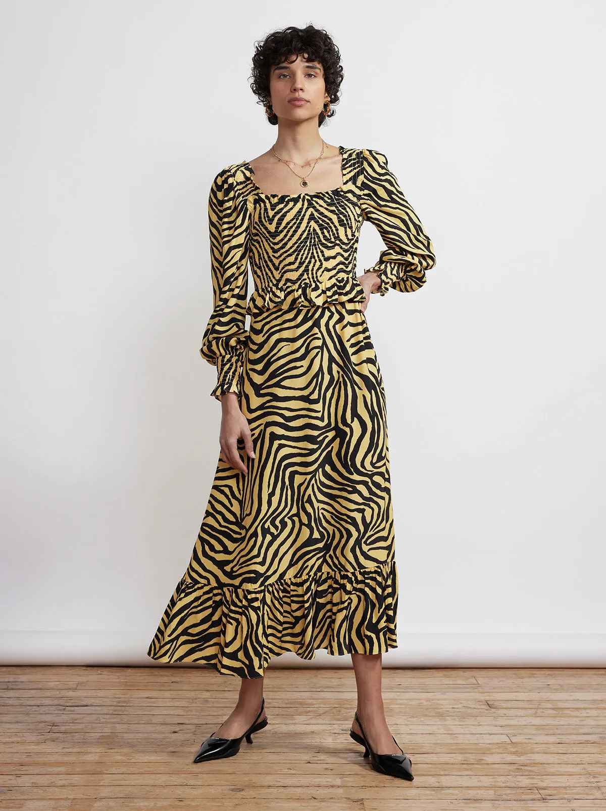 Lauren Yellow Zebra Print Shirred Dress sold by KITRI Studio product image thumbnail 3