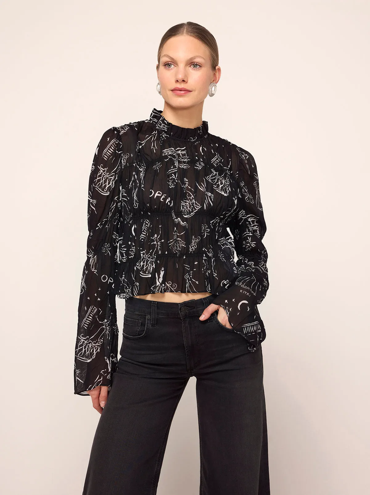 Maxime Black Opera Print Shirred Top sold by KITRI Studio