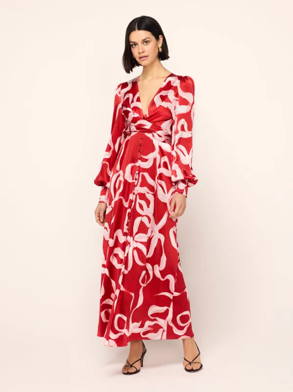 Aurora Red Ribbon Print Maxi Dress sold by KITRI Studio