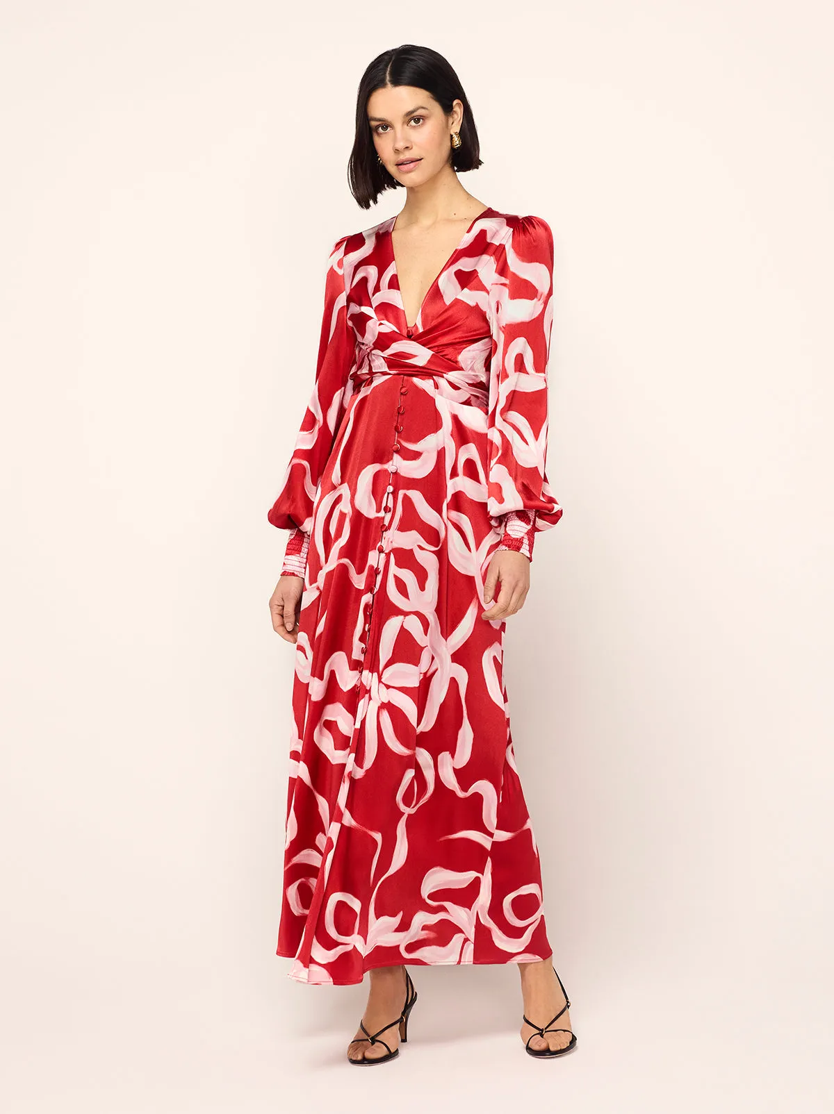Aurora Red Ribbon Print Maxi Dress sold by KITRI Studio