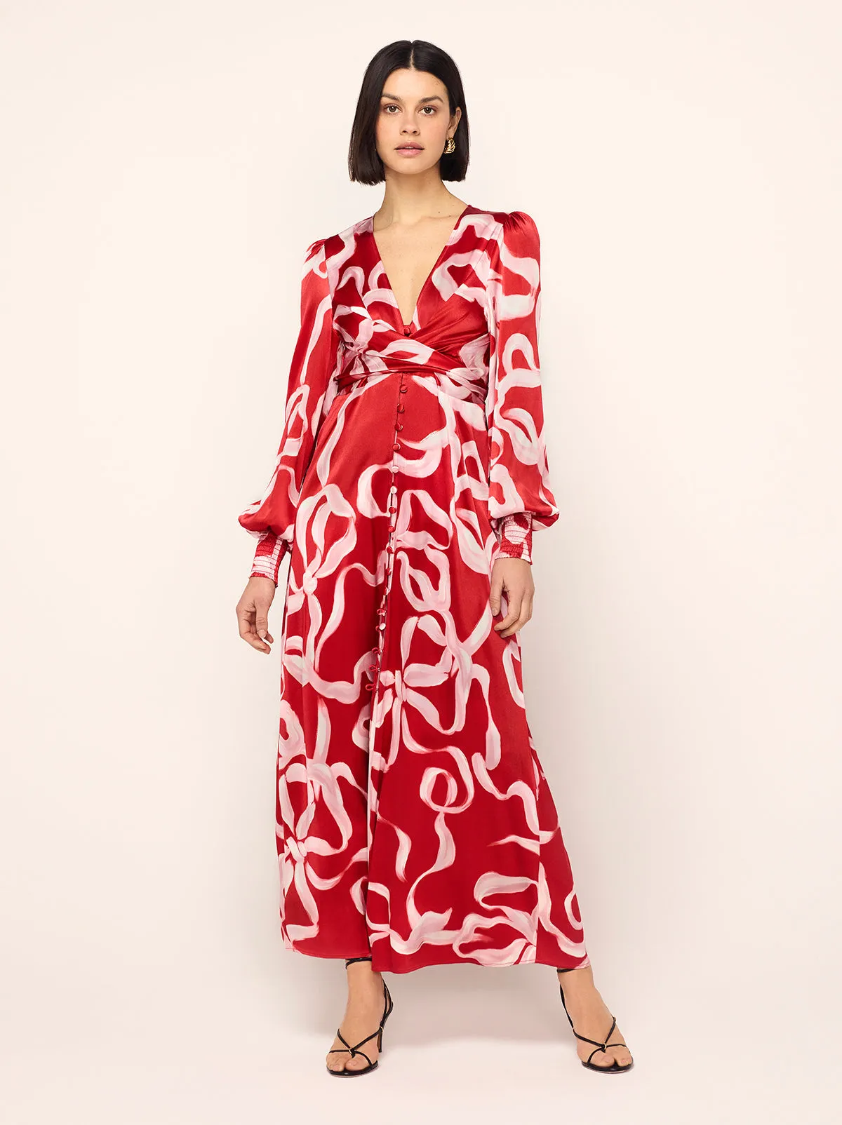 Aurora Red Ribbon Print Maxi Dress sold by KITRI Studio product image thumbnail 3