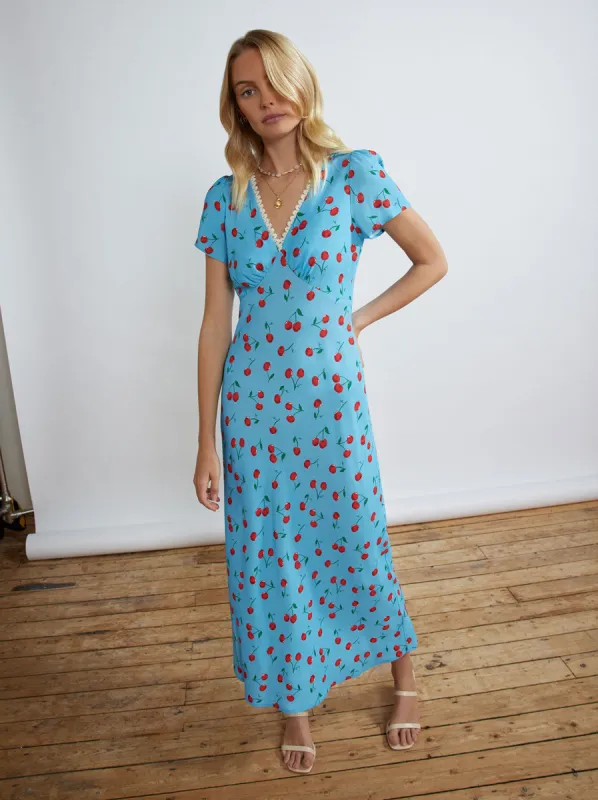 Effie Blue Cherry Midi Dress made by KITRI Studio