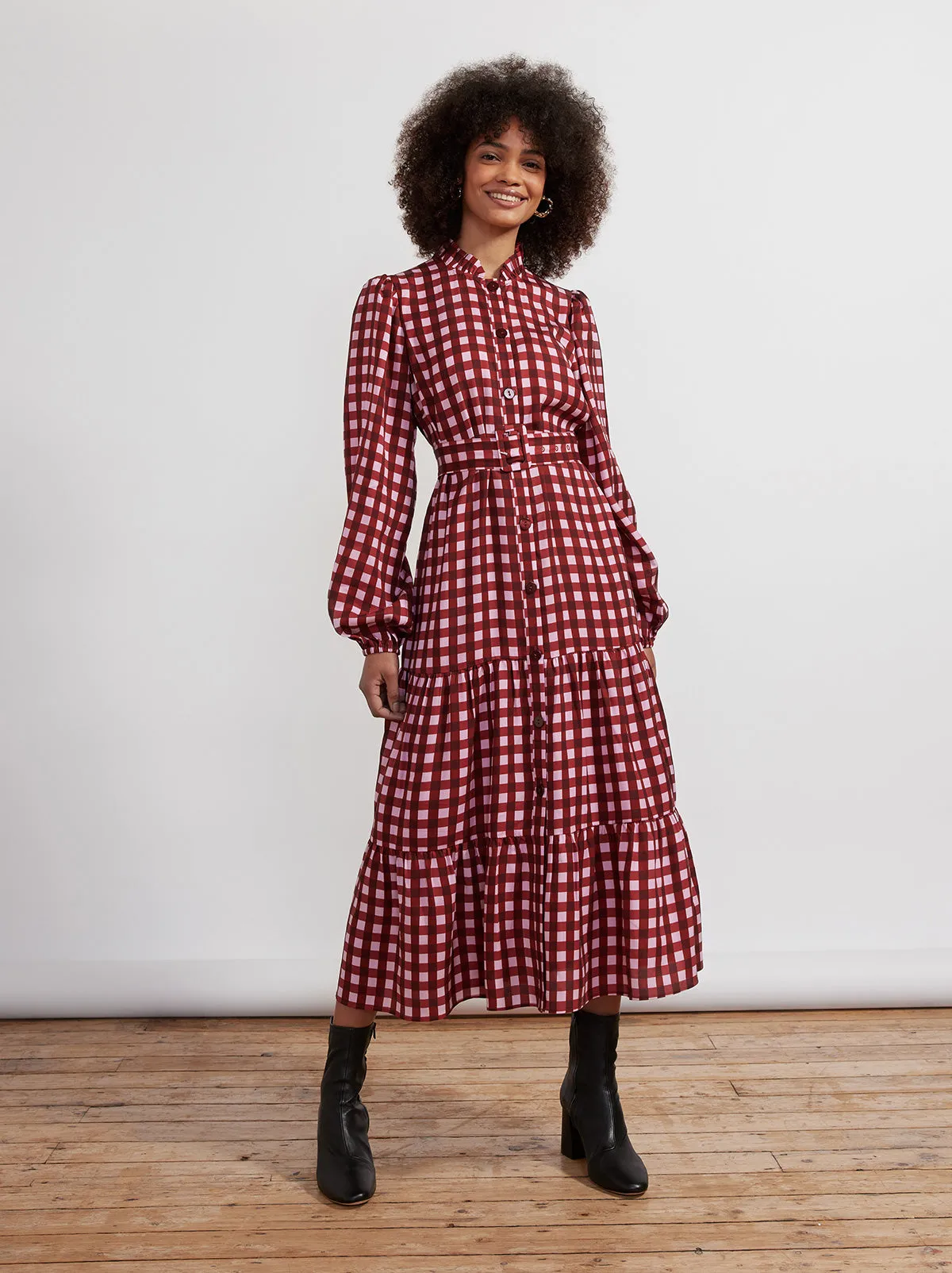 Lori Pink Check Midi Dress sold by KITRI Studio