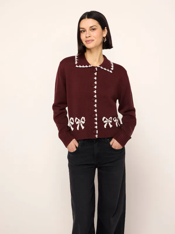 Polly Burgundy Bow Knit Cardigan sold by KITRI Studio
