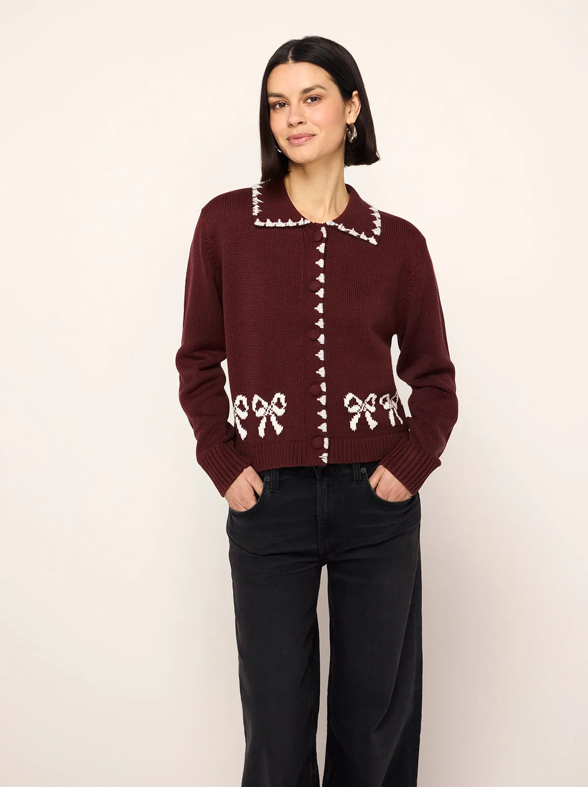 Polly Burgundy Bow Knit Cardigan sold by KITRI Studio