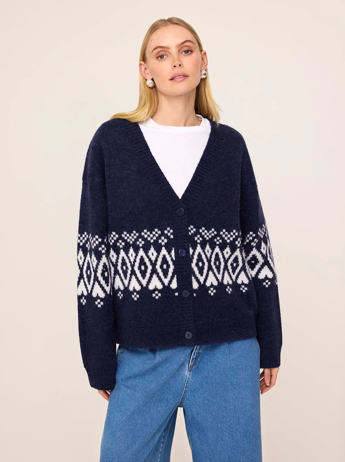 Felicia Navy Fairisle V-Neck Knit Cardigan sold by KITRI Studio