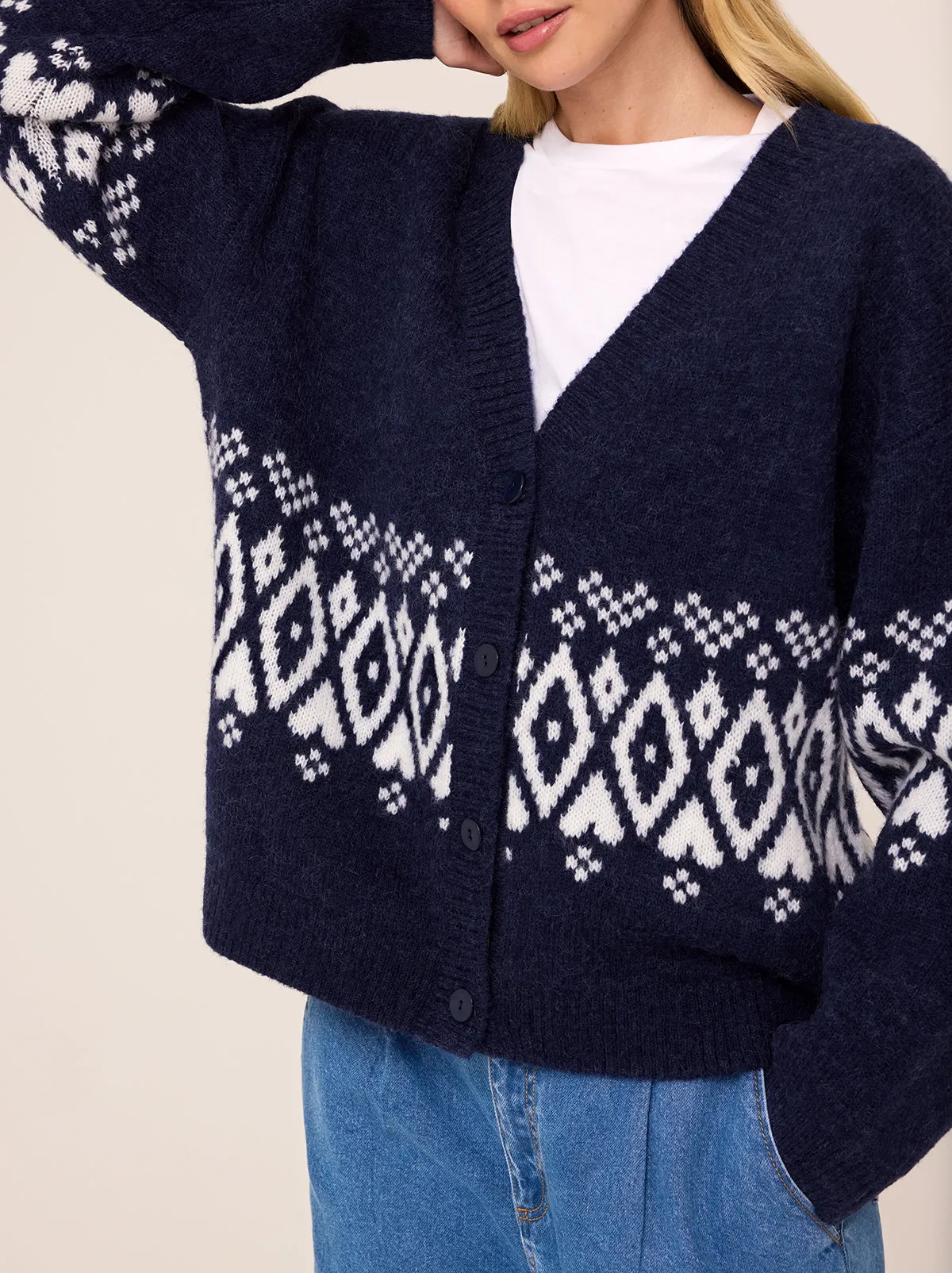 Felicia Navy Fairisle V-Neck Knit Cardigan sold by KITRI Studio product image thumbnail 2