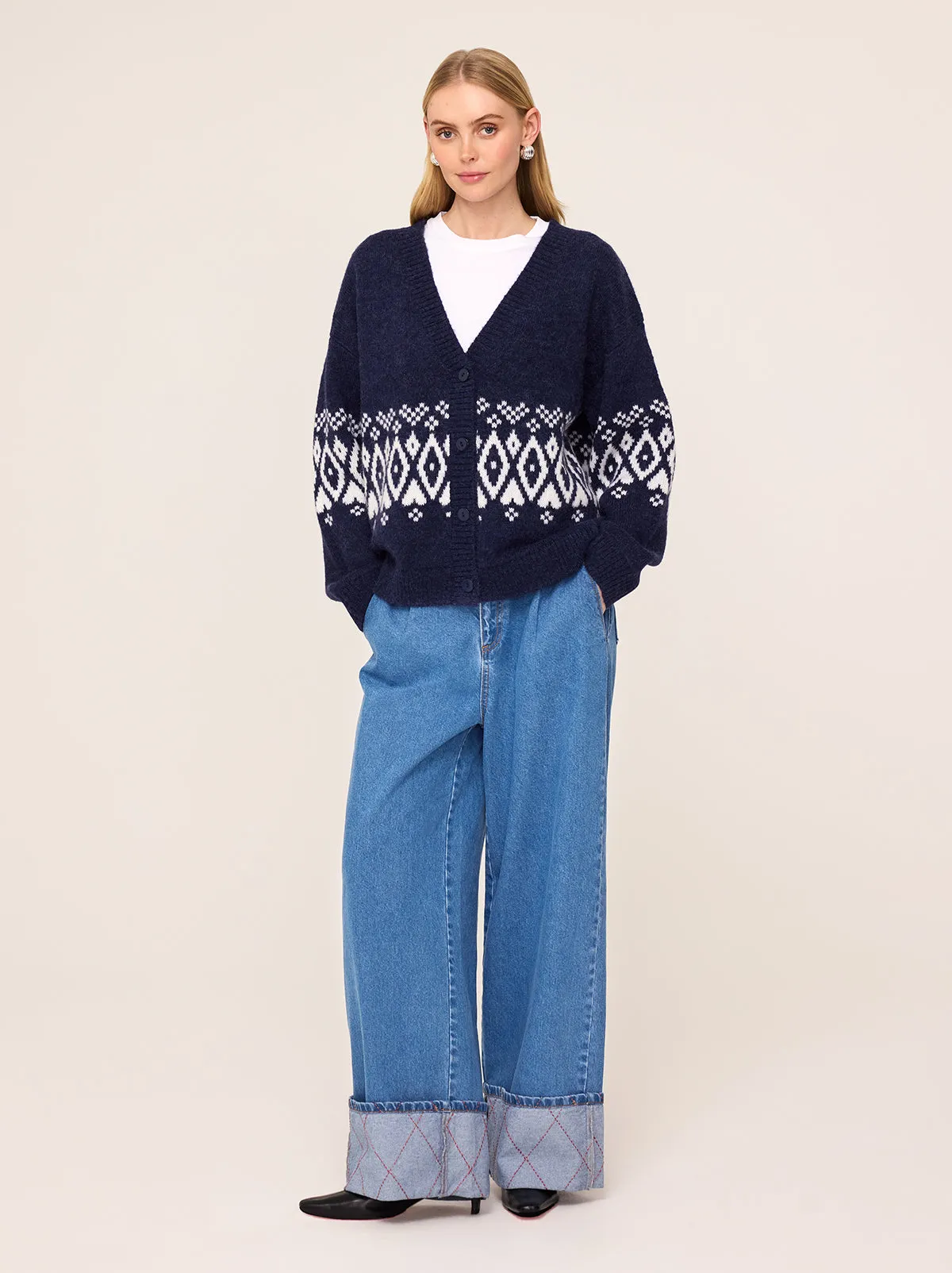 Felicia Navy Fairisle V-Neck Knit Cardigan sold by KITRI Studio product image thumbnail 3